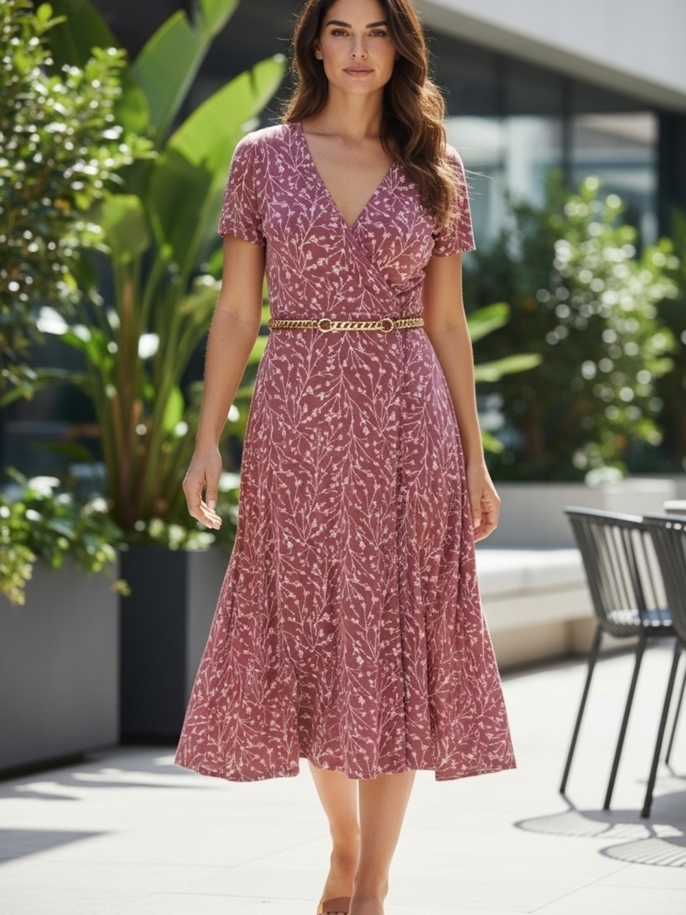 Floral Wrap-Style Pink Maxi Dress